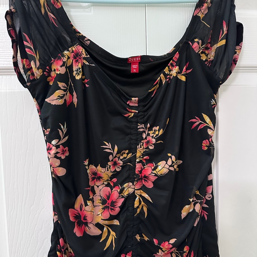 Guess Black Floral Blouse with Pink and Yellow Accents